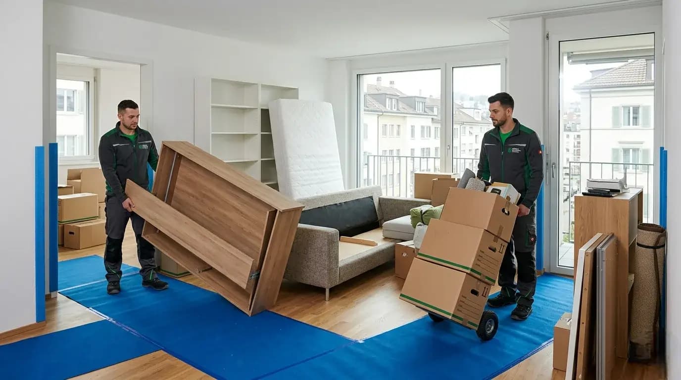 Decluttering Zürich – disposal.ch team carrying furniture out of a flat
