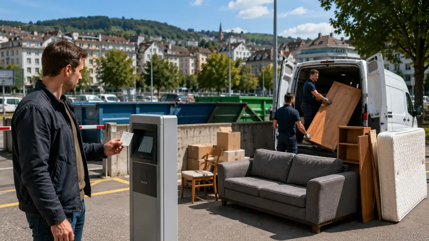Resident comparing Zurich Recyclinghof bulky waste disposal after the end of free vouchers with a professional bulky waste collection service