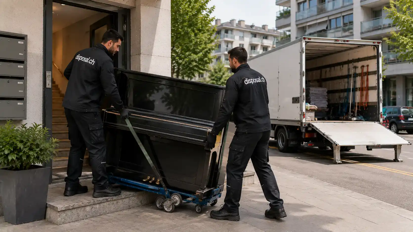 Professional team disposing of an upright piano from a Zurich apartment using specialist lifting and transport equipment
