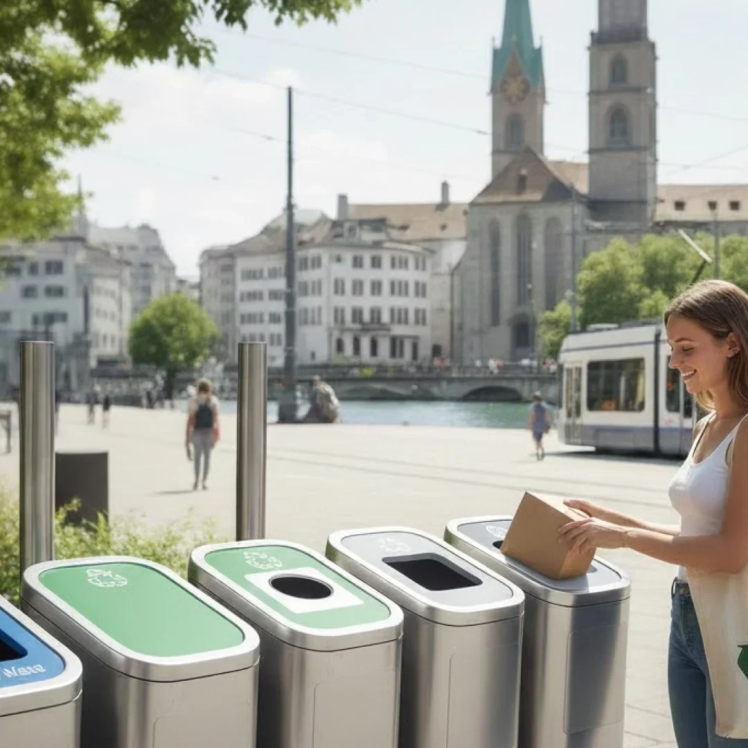 Responsible waste disposal in Zurich with clean city streets and organized recycling bins.