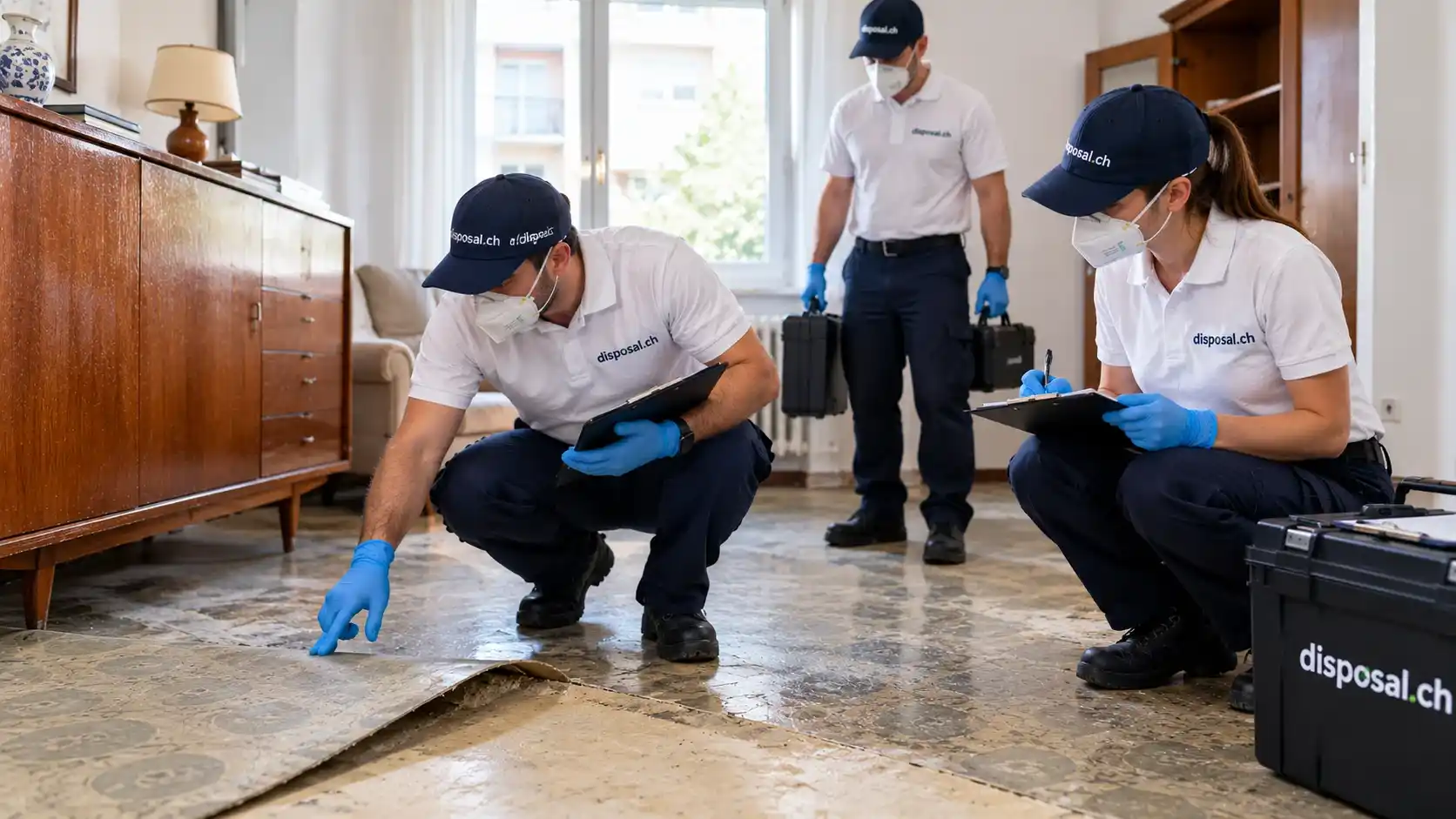 Asbestverdächtiger alter PVC-Bodenbelag und Möbelplatte bei einer Wohnungsräumung in Zürich